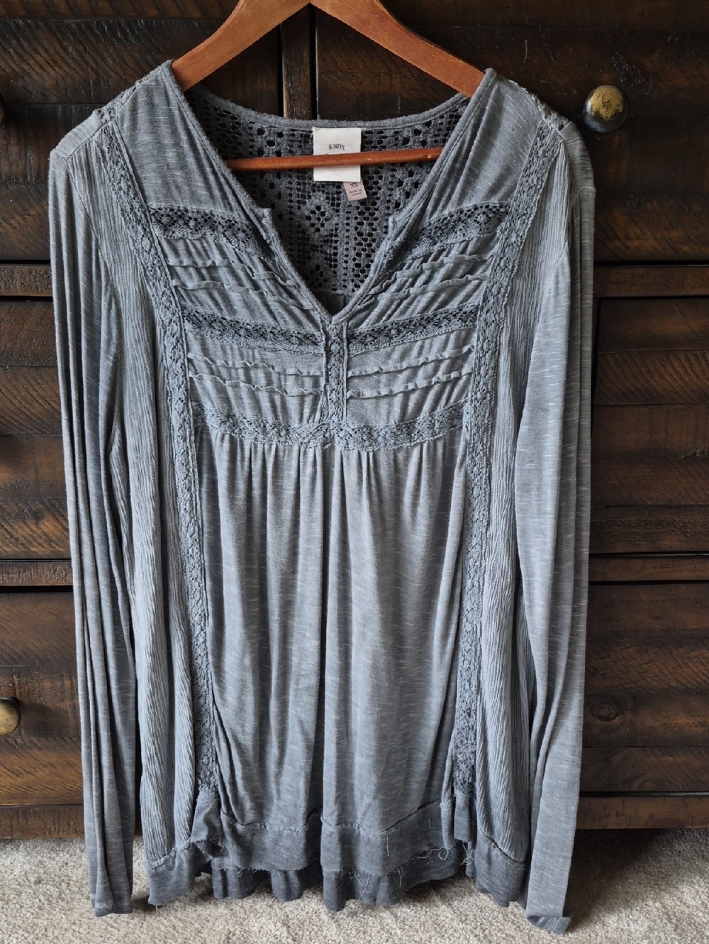Gray Crochet-Yoke Long Sleeve Top XL
